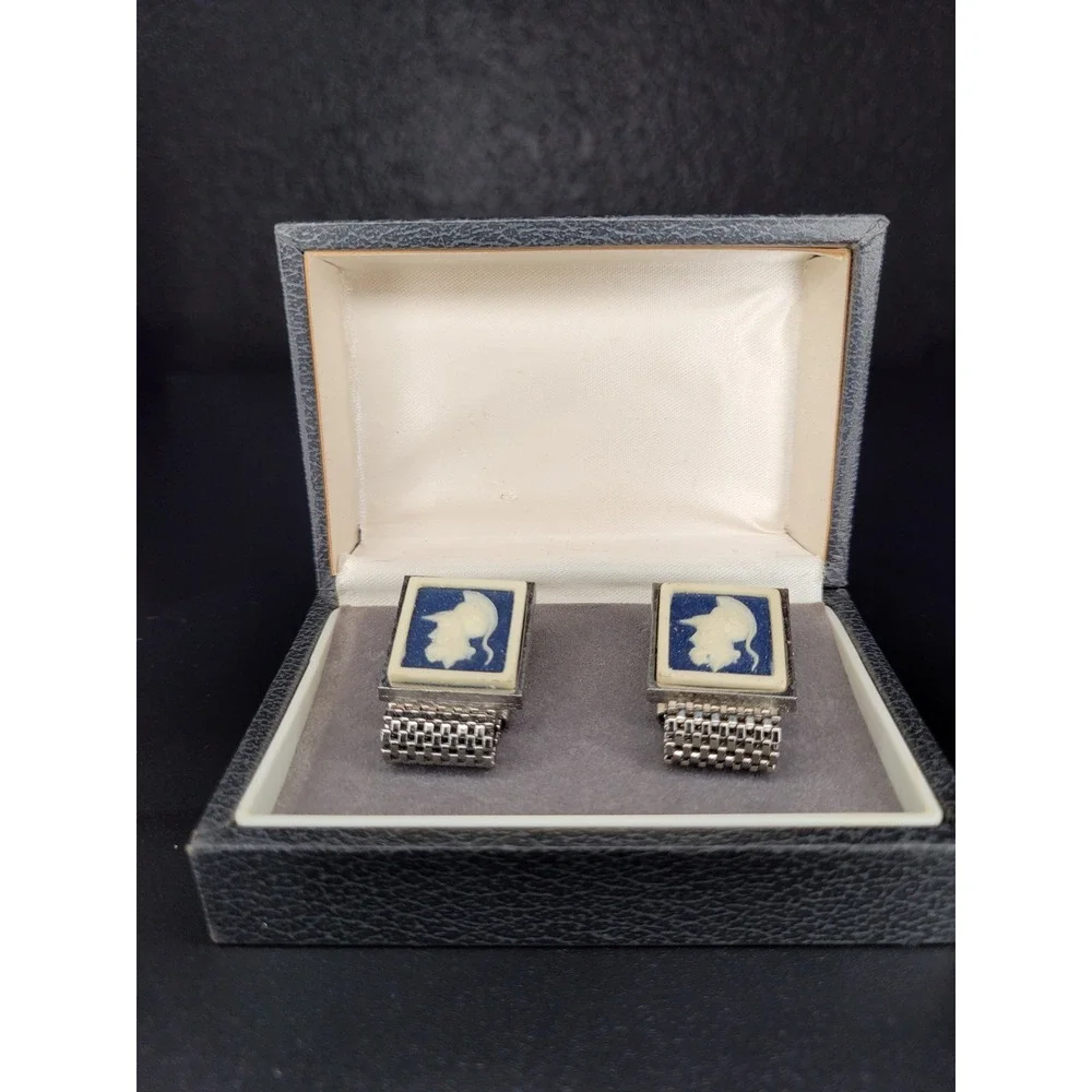 Blue White Cameo Profile Silver Tone Mesh Wrap Cufflinks with Box Excellent